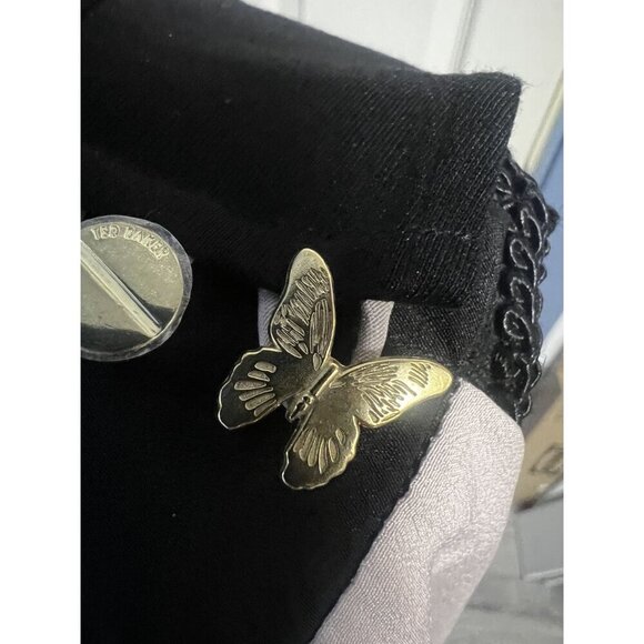 TED BAKER Black Sleeveless Asymmetrical Dress Women 4 Beige Trim Button Shoulder - Picture 9 of 13